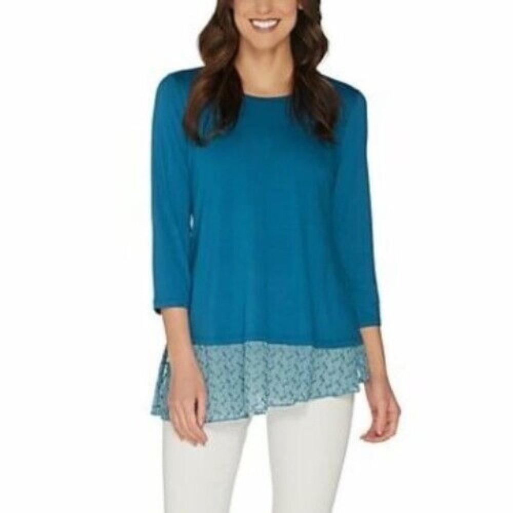 LOGO by Lori Goldstein Solid Crepe Top XS Embroidered Hem Detail Atlantic Blue
